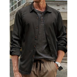 Camisa de Botão Casual Masculina em Veludo Cotelê - Jaqueta Shacket Solta com Manga Longa e Costela, Camisa 100% Poliéster Lavável à Máquina para Uso Externo na Primavera/Outono