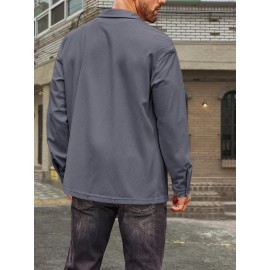 Camisa de Botão Casual Masculina em Veludo Cotelê - Jaqueta Shacket Solta com Manga Longa e Costela, Camisa 100% Poliéster Lavável à Máquina para Uso Externo na Primavera/Outono