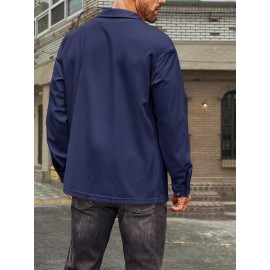 Camisa de Botão Casual Masculina em Veludo Cotelê - Jaqueta Shacket Solta com Manga Longa e Costela, Camisa 100% Poliéster Lavável à Máquina para Uso Externo na Primavera/Outono