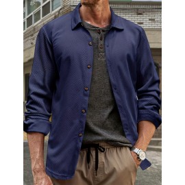 Camisa de Botão Casual Masculina em Veludo Cotelê - Jaqueta Shacket Solta com Manga Longa e Costela, Camisa 100% Poliéster Lavável à Máquina para Uso Externo na Primavera/Outono