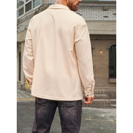 Camisa de Botão Casual Masculina em Veludo Cotelê - Jaqueta Shacket Solta com Manga Longa e Costela, Camisa 100% Poliéster Lavável à Máquina para Uso Externo na Primavera/Outono