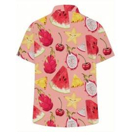 Camisa Masculina de Manga Curta com Estampa Geométrica e Frutas - Tecido Respirável Lavável à Máquina, Corte Regular com Bolso no Peito, Uso Casual ou Formal para Férias na Praia, Atividades ao Ar Livre, Clima Quente, Padrão Vibrante, Construção Durável, 