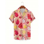 Camisa Masculina de Manga Curta com Estampa Geométrica e Frutas - Tecido Respirável Lavável à Máquina, Corte Regular com Bolso no Peito, Uso Casual ou Formal para Férias na Praia, Atividades ao Ar Livre, Clima Quente, Padrão Vibrante, Construção Durável, 