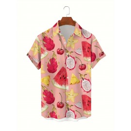 Camisa Masculina de Manga Curta com Estampa Geométrica e Frutas - Tecido Respirável Lavável à Máquina, Corte Regular com Bolso no Peito, Uso Casual ou Formal para Férias na Praia, Atividades ao Ar Livre, Clima Quente, Padrão Vibrante, Construção Durável, 