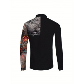 Camisa Social Masculina de Manga Longa com Estampa Gráfica - Design Tatuagem Bicolor, Gola Solta para Uso Casual e Festas, Lavável em Máquina, Top Primavera/Outono, Material Durável, Contraste Ousado, Moda Atual