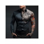 Camisa Social Masculina de Manga Longa com Estampa Gráfica - Design Tatuagem Bicolor, Gola Solta para Uso Casual e Festas, Lavável em Máquina, Top Primavera/Outono, Material Durável, Contraste Ousado, Moda Atual