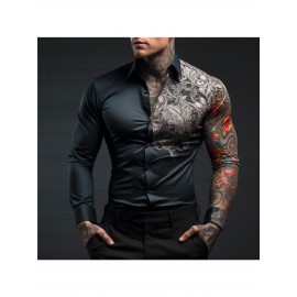Camisa Social Masculina de Manga Longa com Estampa Gráfica - Design Tatuagem Bicolor, Gola Solta para Uso Casual e Festas, Lavável em Máquina, Top Primavera/Outono, Material Durável, Contraste Ousado, Moda Atual