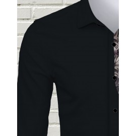 Camisa Social Masculina de Manga Longa com Estampa Gráfica - Design Tatuagem Bicolor, Gola Solta para Uso Casual e Festas, Lavável em Máquina, Top Primavera/Outono, Material Durável, Contraste Ousado, Moda Atual