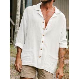 Camisa Masculina SHESHOW de Algodão Enrugado com Botões e Gola Lapela - 100% Algodão Respirável, Secagem Rápida e Absorvente, Manga Longa V-Neck para Golfe, Uso Casual ou ao Ar Livre - Essencial Outono/Inverno