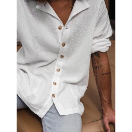 Camisa Masculina SHESHOW de Algodão Enrugado com Botões e Gola Lapela - 100% Algodão Respirável, Secagem Rápida e Absorvente, Manga Longa V-Neck para Golfe, Uso Casual ou ao Ar Livre - Essencial Outono/Inverno