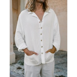 Camisa Masculina SHESHOW de Algodão Enrugado com Botões e Gola Lapela - 100% Algodão Respirável, Secagem Rápida e Absorvente, Manga Longa V-Neck para Golfe, Uso Casual ou ao Ar Livre - Essencial Outono/Inverno