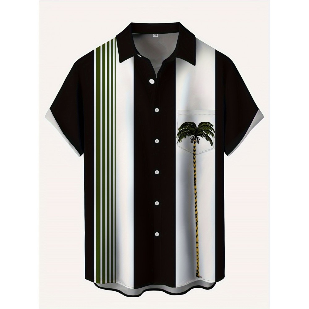 Camisa de manga curta para homem com estampa de árvore de coco, padrão artístico 3D, estampa digital, gola virada, peito, moda casual de férias, impressão para o exterior.