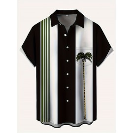Camisa de manga curta para homem com estampa de árvore de coco, padrão artístico 3D, estampa digital, gola virada, peito, moda casual de férias, impressão para o exterior.