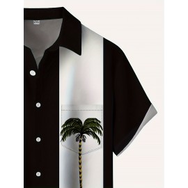 Camisa de manga curta para homem com estampa de árvore de coco, padrão artístico 3D, estampa digital, gola virada, peito, moda casual de férias, impressão para o exterior.
