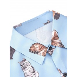 Camisa gráfica de lapela havaiana para homem com estampa de gato elegante para férias de verão e uso casual