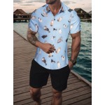 Camisa gráfica de lapela havaiana para homem com estampa de gato elegante para férias de verão e uso casual