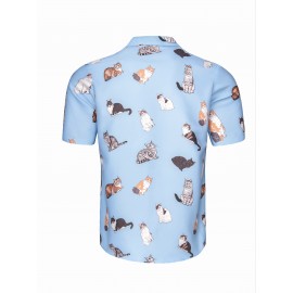 Camisa gráfica de lapela havaiana para homem com estampa de gato elegante para férias de verão e uso casual