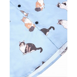 Camisa gráfica de lapela havaiana para homem com estampa de gato elegante para férias de verão e uso casual