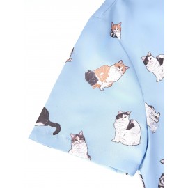Camisa gráfica de lapela havaiana para homem com estampa de gato elegante para férias de verão e uso casual