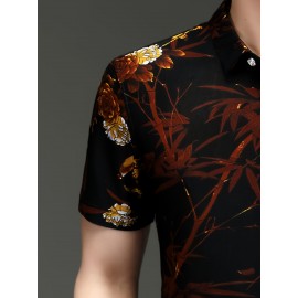 Camisa de manga curta de verão para homem SINBOS - Tecido de fibra de seda gelada, corte solto, decote quadrado, estampa floral (vermelho/laranja/branco), camisa casual leve e respirável para escritório e eventos sociais