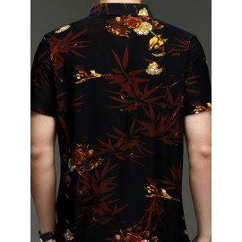 Camisa de manga curta de verão para homem SINBOS - Tecido de fibra de seda gelada, corte solto, decote quadrado, estampa floral (vermelho/laranja/branco), camisa casual leve e respirável para escritório e eventos sociais
