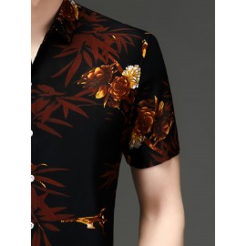 Camisa de manga curta de verão para homem SINBOS - Tecido de fibra de seda gelada, corte solto, decote quadrado, estampa floral (vermelho/laranja/branco), camisa casual leve e respirável para escritório e eventos sociais