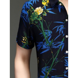 Camisa de manga curta de verão para homem SINBOS - Tecido de fibra de seda gelada, corte solto, decote quadrado, estampa floral (vermelho/laranja/branco), camisa casual leve e respirável para escritório e eventos sociais