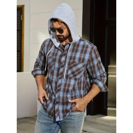 Camisa de manga comprida casual versátil com capuz e cordão de moda xadrez solto com botões para homem, primavera/verão