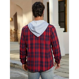 Camisa de manga comprida casual versátil com capuz e cordão de moda xadrez solto com botões para homem, primavera/verão