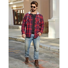 Camisa de manga comprida casual versátil com capuz e cordão de moda xadrez solto com botões para homem, primavera/verão