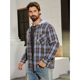 Camisa de manga comprida casual versátil com capuz e cordão de moda xadrez solto com botões para homem, primavera/verão