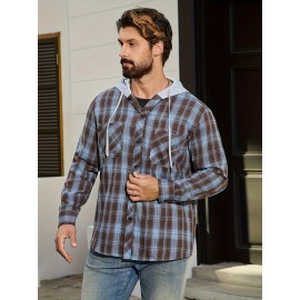 Camisa de manga comprida casual versátil com capuz e cordão de moda xadrez solto com botões para homem, primavera/verão