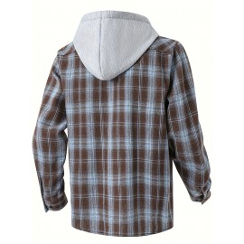 Camisa de manga comprida casual versátil com capuz e cordão de moda xadrez solto com botões para homem, primavera/verão