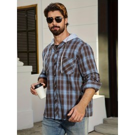 Camisa de manga comprida casual versátil com capuz e cordão de moda xadrez solto com botões para homem, primavera/verão