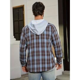 Camisa de manga comprida casual versátil com capuz e cordão de moda xadrez solto com botões para homem, primavera/verão