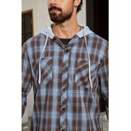Camisa de manga comprida casual versátil com capuz e cordão de moda xadrez solto com botões para homem, primavera/verão