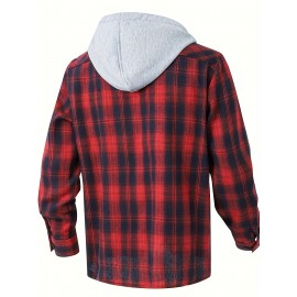 Camisa de manga comprida casual versátil com capuz e cordão de moda xadrez solto com botões para homem, primavera/verão
