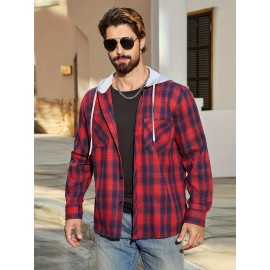 Camisa de manga comprida casual versátil com capuz e cordão de moda xadrez solto com botões para homem, primavera/verão