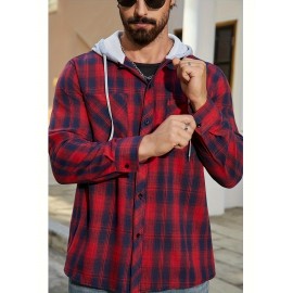 Camisa de manga comprida casual versátil com capuz e cordão de moda xadrez solto com botões para homem, primavera/verão
