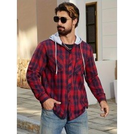 Camisa de manga comprida casual versátil com capuz e cordão de moda xadrez solto com botões para homem, primavera/verão