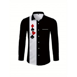 Camisa Social Masculina de Manga Longa - Botão na Gola em Preto/Branco, Tecido Não Elástico para Negócios, Festas e Uso Diário - Lavável à Máquina, Traje de Escritório e Festa, Design Card Suit, Material Opaco