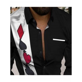Camisa Social Masculina de Manga Longa - Botão na Gola em Preto/Branco, Tecido Não Elástico para Negócios, Festas e Uso Diário - Lavável à Máquina, Traje de Escritório e Festa, Design Card Suit, Material Opaco