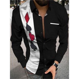 Camisa Social Masculina de Manga Longa - Botão na Gola em Preto/Branco, Tecido Não Elástico para Negócios, Festas e Uso Diário - Lavável à Máquina, Traje de Escritório e Festa, Design Card Suit, Material Opaco