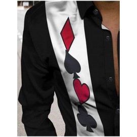 Camisa Social Masculina de Manga Longa - Botão na Gola em Preto/Branco, Tecido Não Elástico para Negócios, Festas e Uso Diário - Lavável à Máquina, Traje de Escritório e Festa, Design Card Suit, Material Opaco