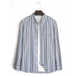 Camisa Listrada Slim Fit Masculina - Mistura de Algodão, Manga Longa, Gola com Botões, Uso Casual em Todas as Estações, Estilo Luxuoso e Maduro, Presentes para Namorado e Homens, Ano Novo Chinês, Presentes de Dia dos Namorados para Ele
