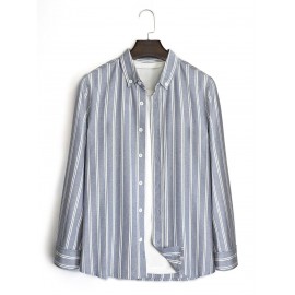 Camisa Listrada Slim Fit Masculina - Mistura de Algodão, Manga Longa, Gola com Botões, Uso Casual em Todas as Estações, Estilo Luxuoso e Maduro, Presentes para Namorado e Homens, Ano Novo Chinês, Presentes de Dia dos Namorados para Ele
