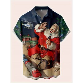 Camisa de férias de Natal para homem - Estampa digital casual 3D com cena de praia tropical, manga curta, lavável, celebração de férias, tamanho grande Impressão para o exterior