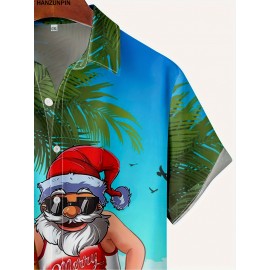 Camisa de férias de Natal para homem - Estampa digital casual 3D com cena de praia tropical, manga curta, lavável, celebração de férias, tamanho grande Impressão para o exterior