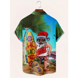 Camisa de férias de Natal para homem - Estampa digital casual 3D com cena de praia tropical, manga curta, lavável, celebração de férias, tamanho grande Impressão para o exterior
