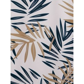 Camisa de botão de manga curta casual para homem - Estampa de plantas tropicais com padrão de folhas azul marinho e bege, tecido respirável, design de contração do abdômen, lavável à máquina, adequada para viagens de praia e atividades ao ar livre, materi